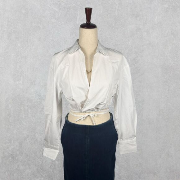 18 Centimeters Tops - 18 Centimeters White Cropped Cotton Blend Long Sleeve Wrap Top